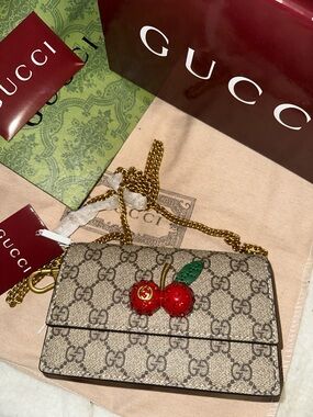 GG  Beige GG Supreme Mini Chain Wallet with Red Cherry Accent